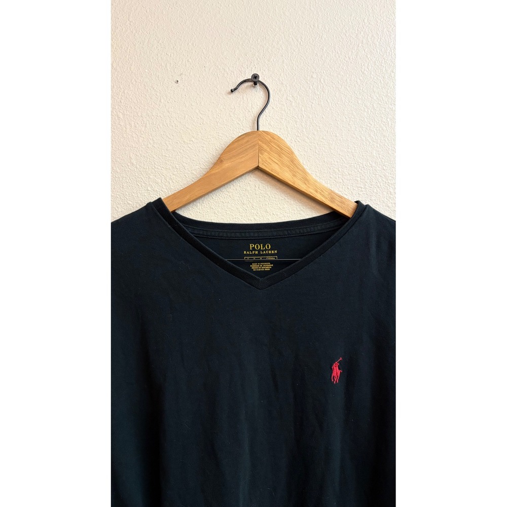 Polo Ralph Lauren Long Sleeve T-Shirt Size M Black V-Neck‎ Red Pony Logo Cotton